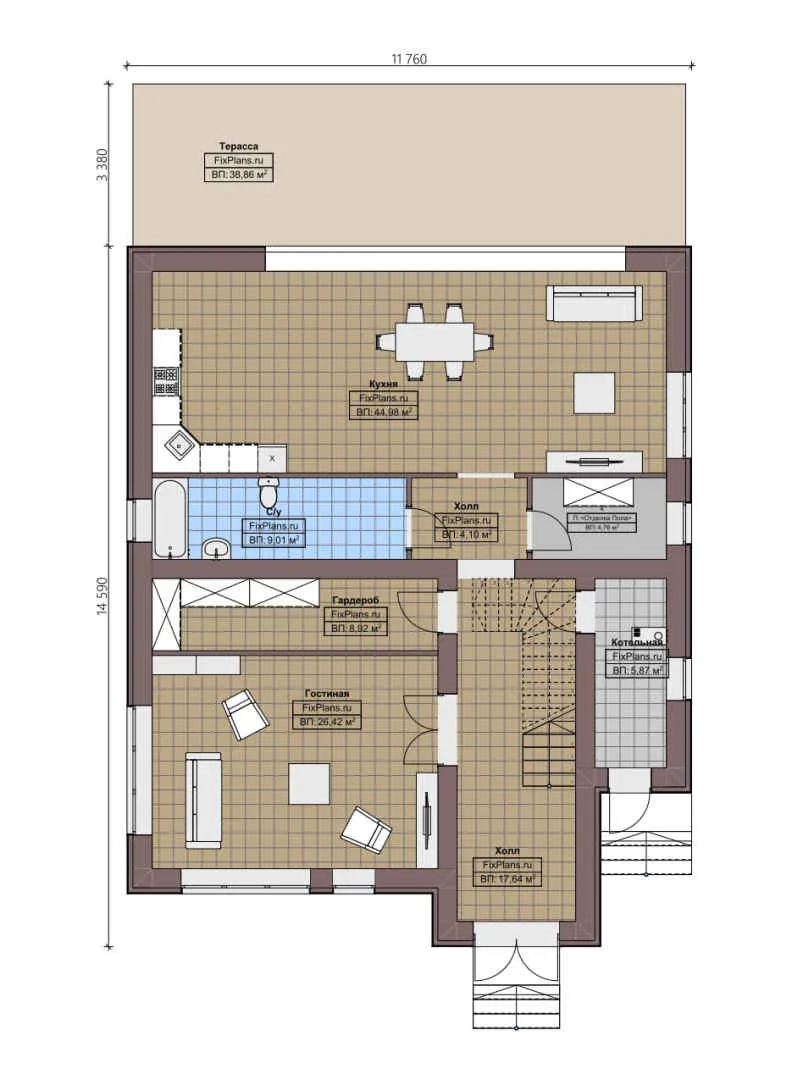 F-2240 - Планы двухэтажного дома 12 на 15, площадью 290 м² с террасой и 3 спальнями