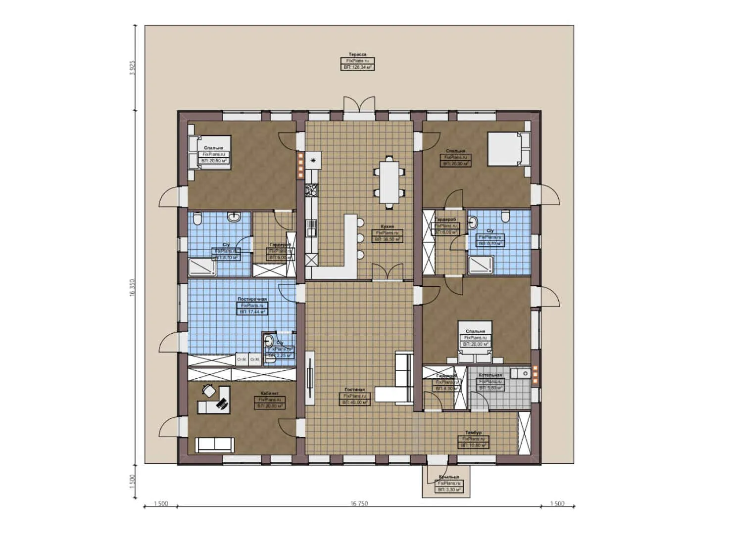 F-2447 - План одноэтажного дома 17 на 17, площадью 360 м² с террасой и 3 спальнями