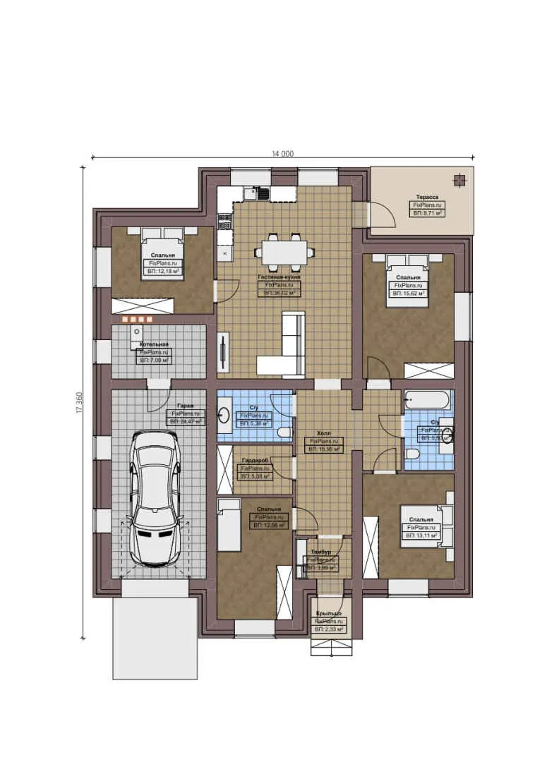F-2582 - План одноэтажного дома 14 на 18, площадью 310 м² с террасой, балконом, гаражом на 1 машину и 11 спальнями