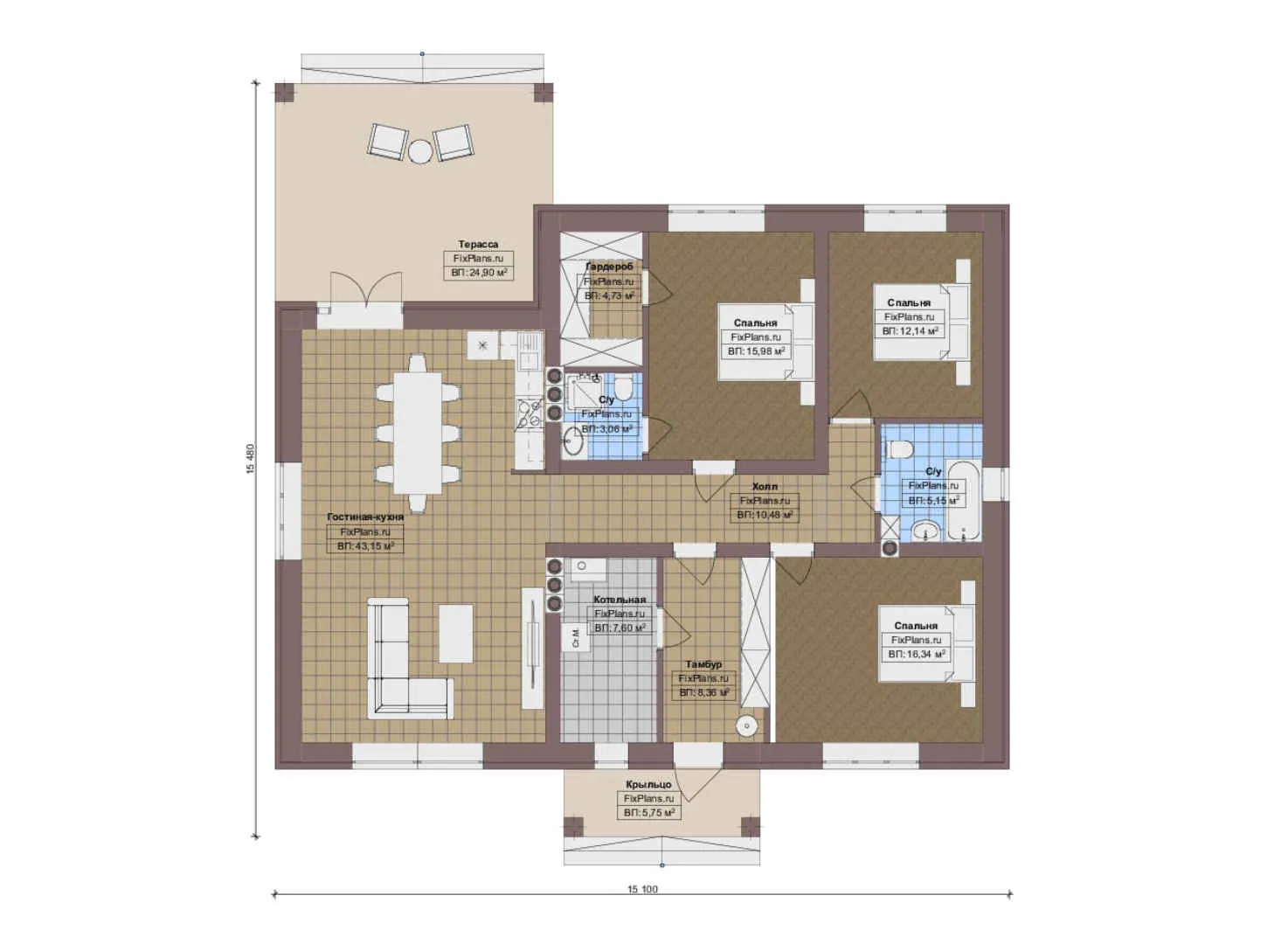 F-14408 - План одноэтажного дома 16 на 16, площадью 160 м² с террасой и 3 спальнями