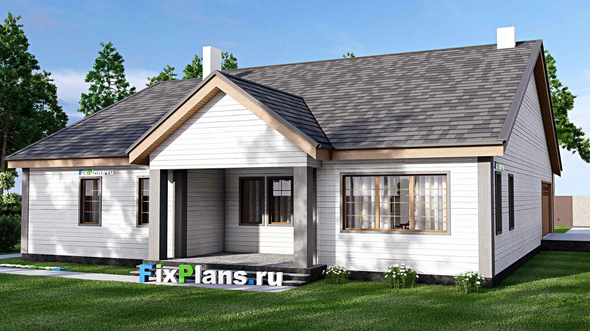 F-16253 - Проект одноэтажного дома 17 на 21, площадью 500 м² с террасой, гаражом на 2 машины и 3 спальнями