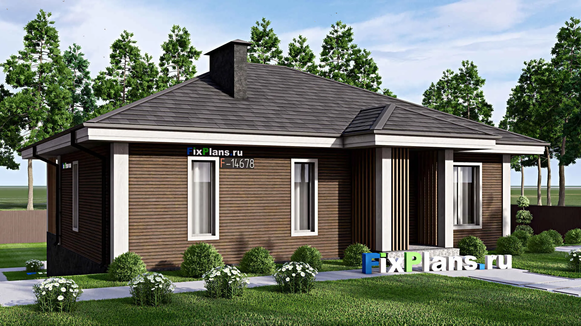 F-14678 - Проект одноэтажного дома 13 на 14, площадью 130 м² с террасой и 3 спальнями