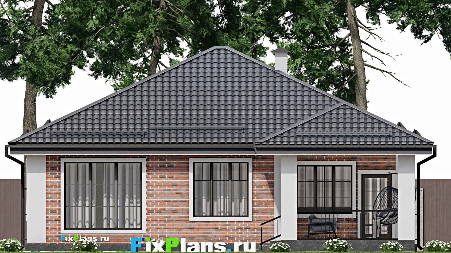 F-3194 - Проект одноэтажного дома 13 на 14, площадью 140 м² с террасой и 3 спальнями