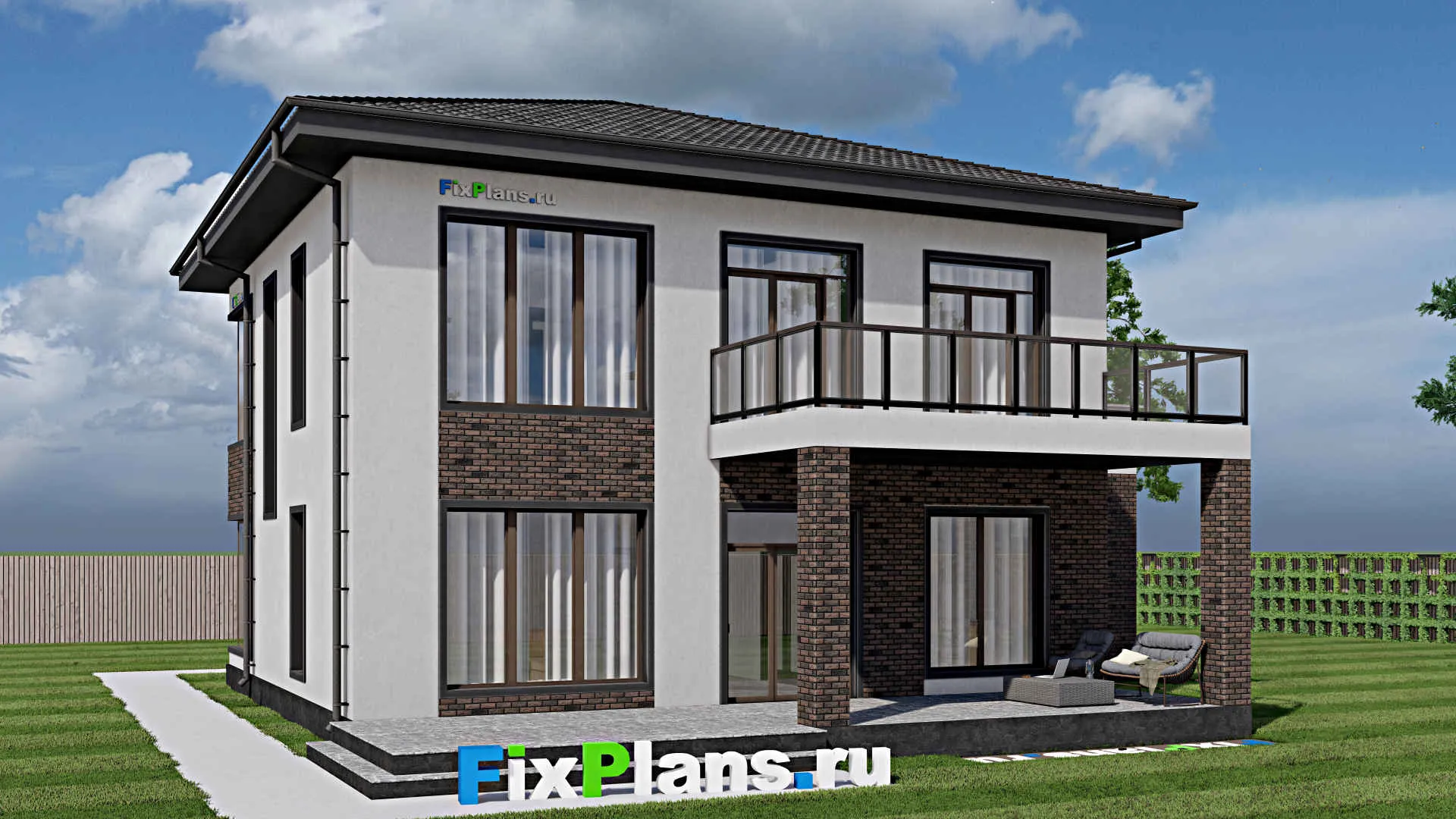 F-1835 - Проект двухэтажного дома 12 на 16, площадью 270 м² с террасой, балконом, гаражом на 1 машину и 4 спальнями