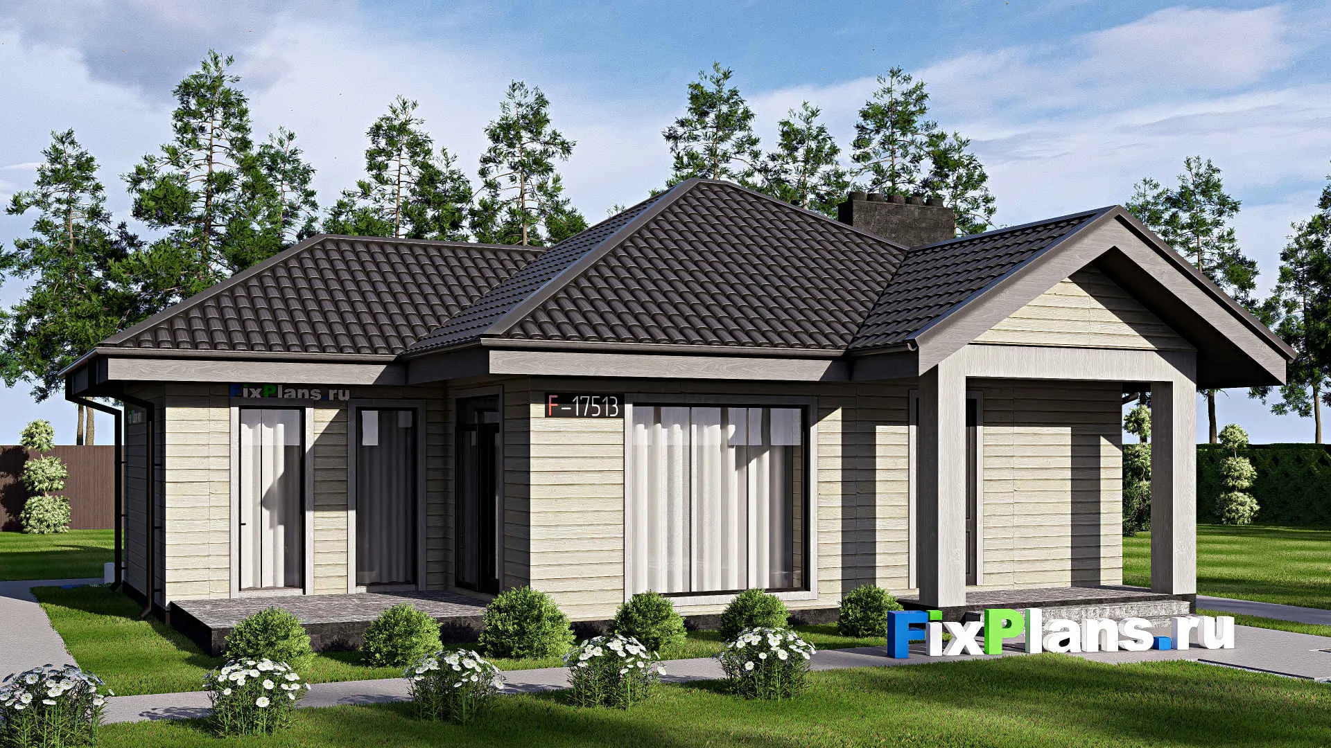 F-17513 - Проект одноэтажного дома 10 на 13, площадью 90 м² с террасой и 1 спальнями