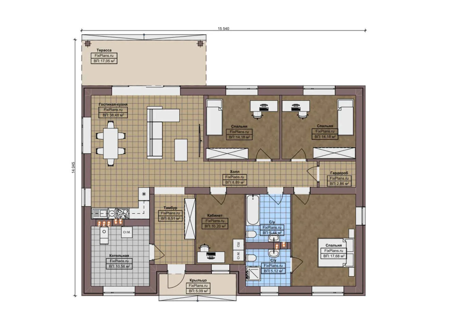 F-10097 - План одноэтажного дома 15 на 16, площадью 160 м² с террасой и 3 спальнями