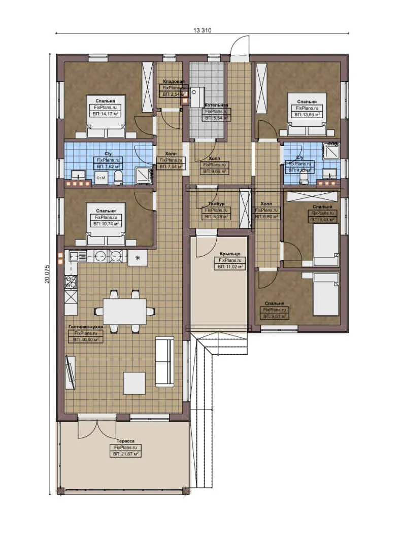 F-6695 - План одноэтажного дома 14 на 21, площадью 180 м² с террасой и 5 спальнями