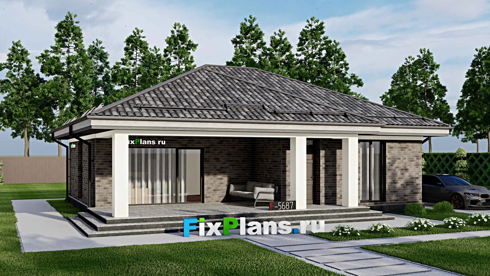 F-5687 - Проект одноэтажного дома 11 на 13, площадью 120 м² с 3 спальнями