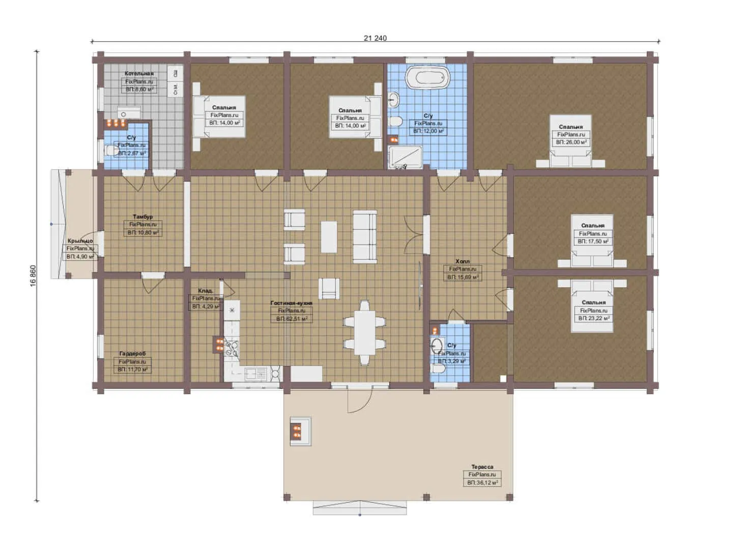F-14318 - План одноэтажного дома 17 на 22, площадью 270 м² с террасой и 5 спальнями