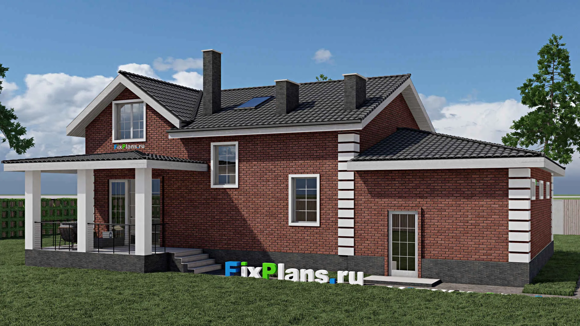 F-1034 - Проект дома с мансардой 12 на 17, площадью 240 м² с террасой, гаражом на 2 машины и 3 спальнями