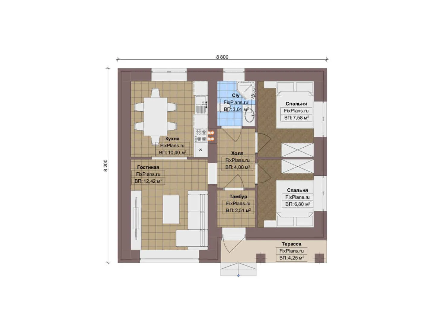 F-12959 - План одноэтажного дома 9 на 9, площадью 60 м² с террасой и 2 спальнями