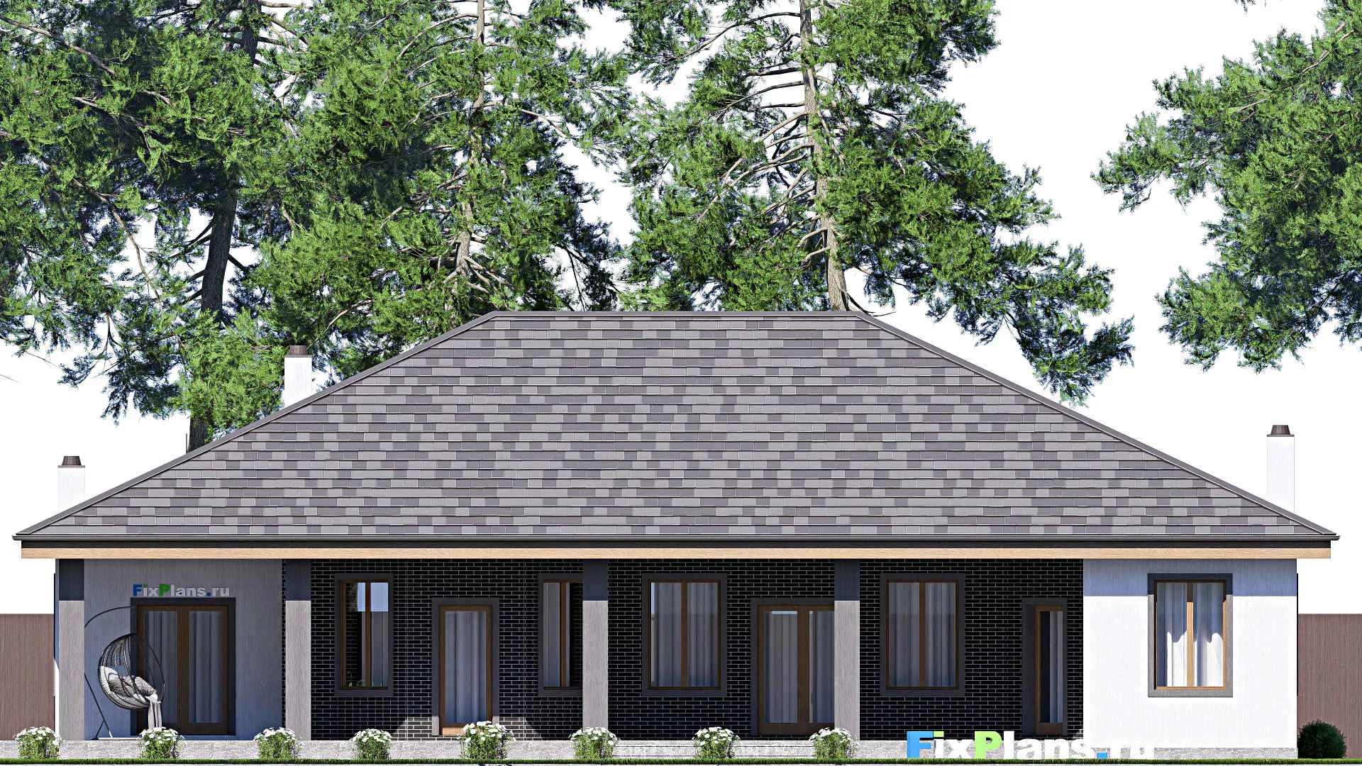 F-17297 - Проект одноэтажного дома 20 на 24, площадью 300 м² с террасой, гаражом на 2 машины и 4 спальнями