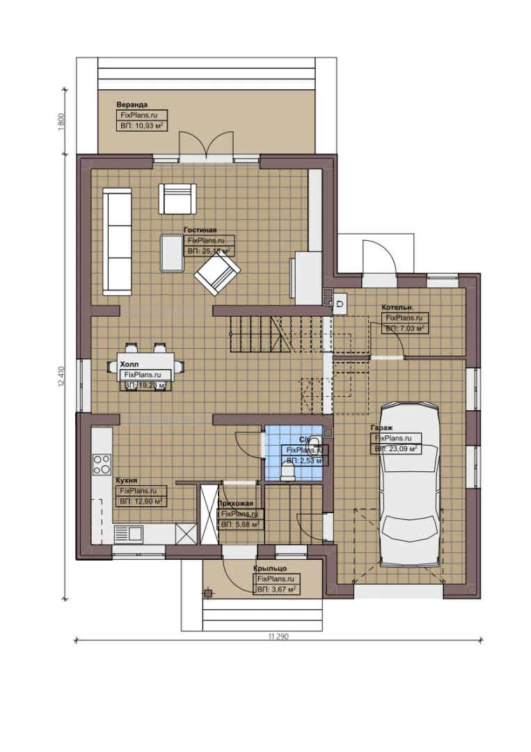F-1304 - Планы дома с мансардой 12 на 13, площадью 200 м² с террасой, гаражом на 1 машину и 4 спальнями
