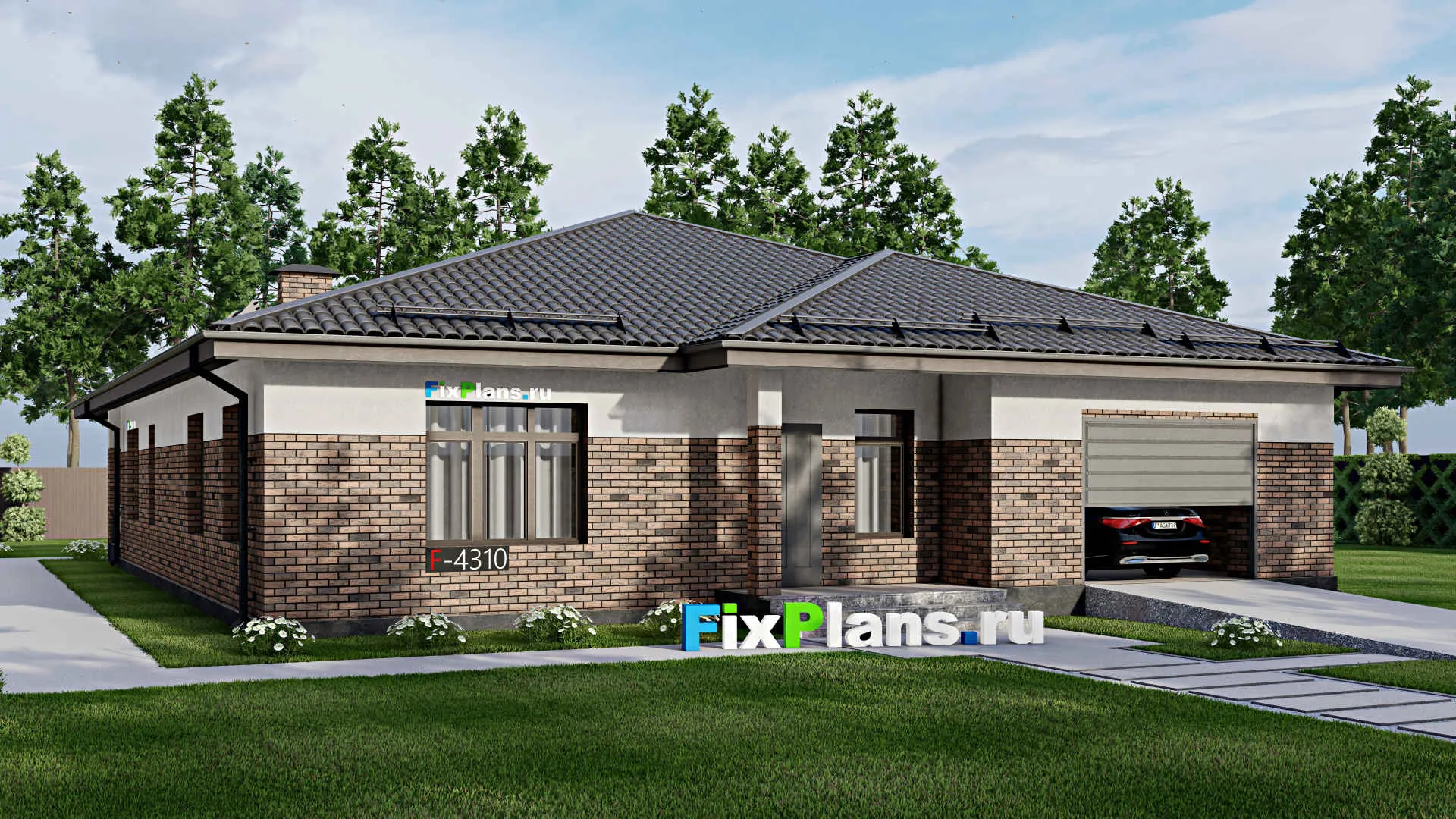 F-4310 - Проект одноэтажного дома 15 на 18, площадью 230 м² с террасой, баней, гаражом на 1 машину и 3 спальнями