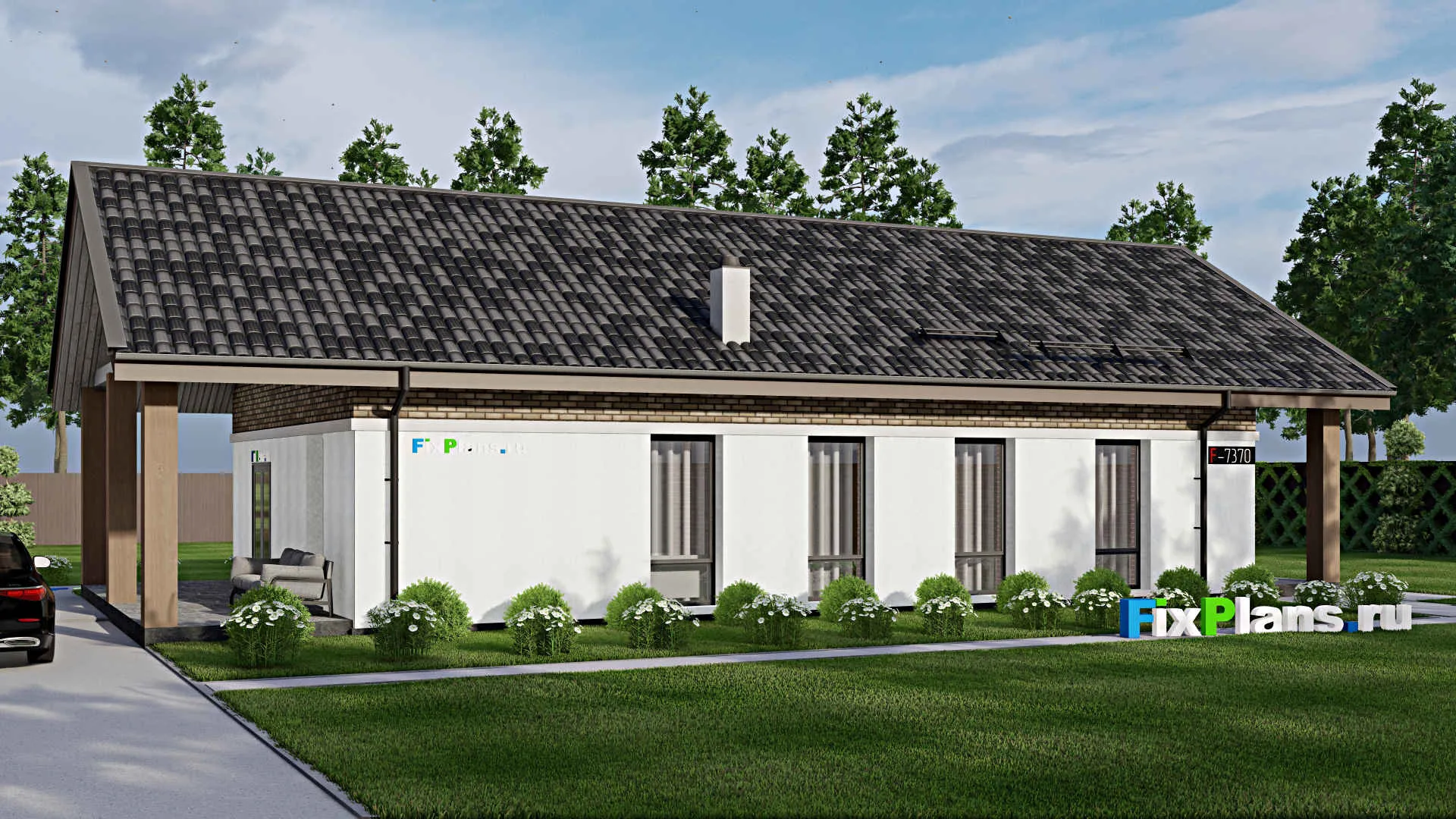 F-7370 - Проект одноэтажного дома 10 на 20, площадью 150 м² с террасой и 4 спальнями