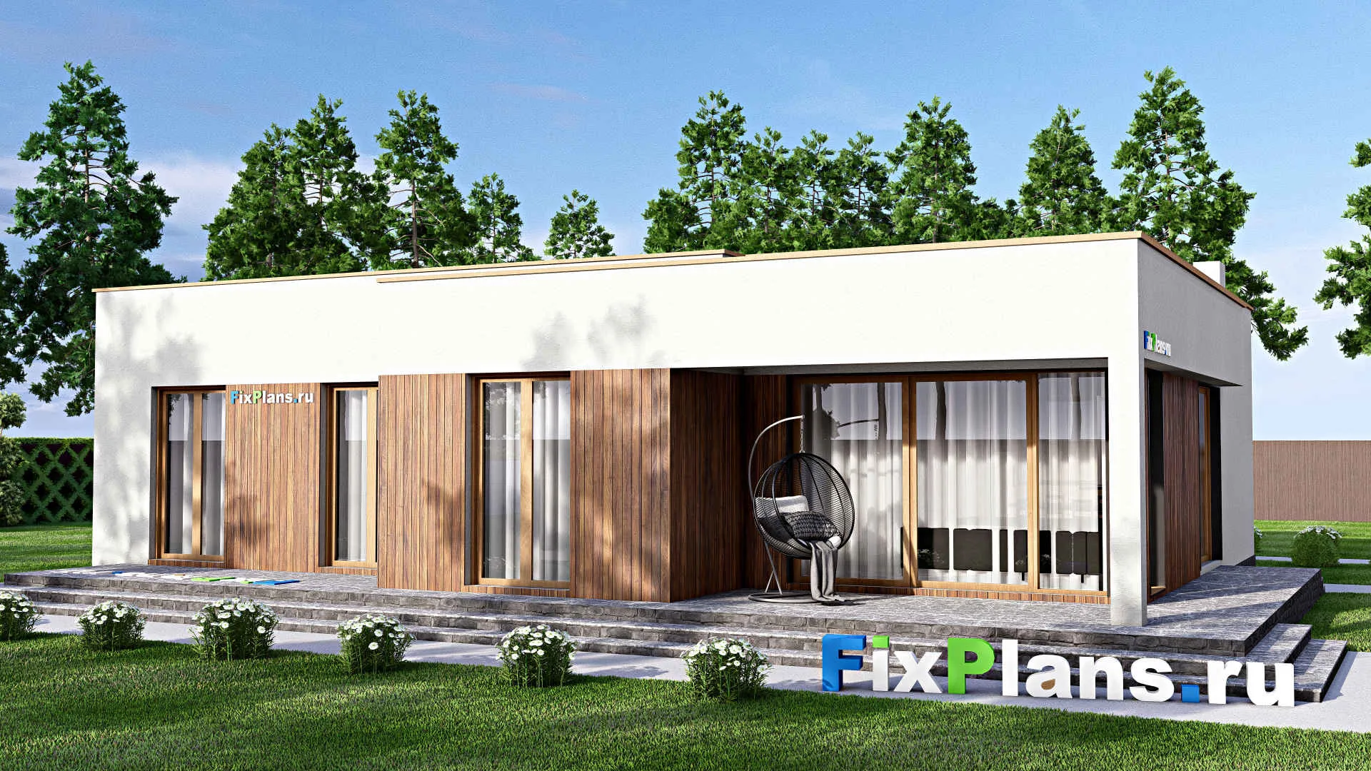 F-15839 - План одноэтажного дома 17 на 17, площадью 230 м² с террасой, гаражом на 2 машины и 3 спальнями