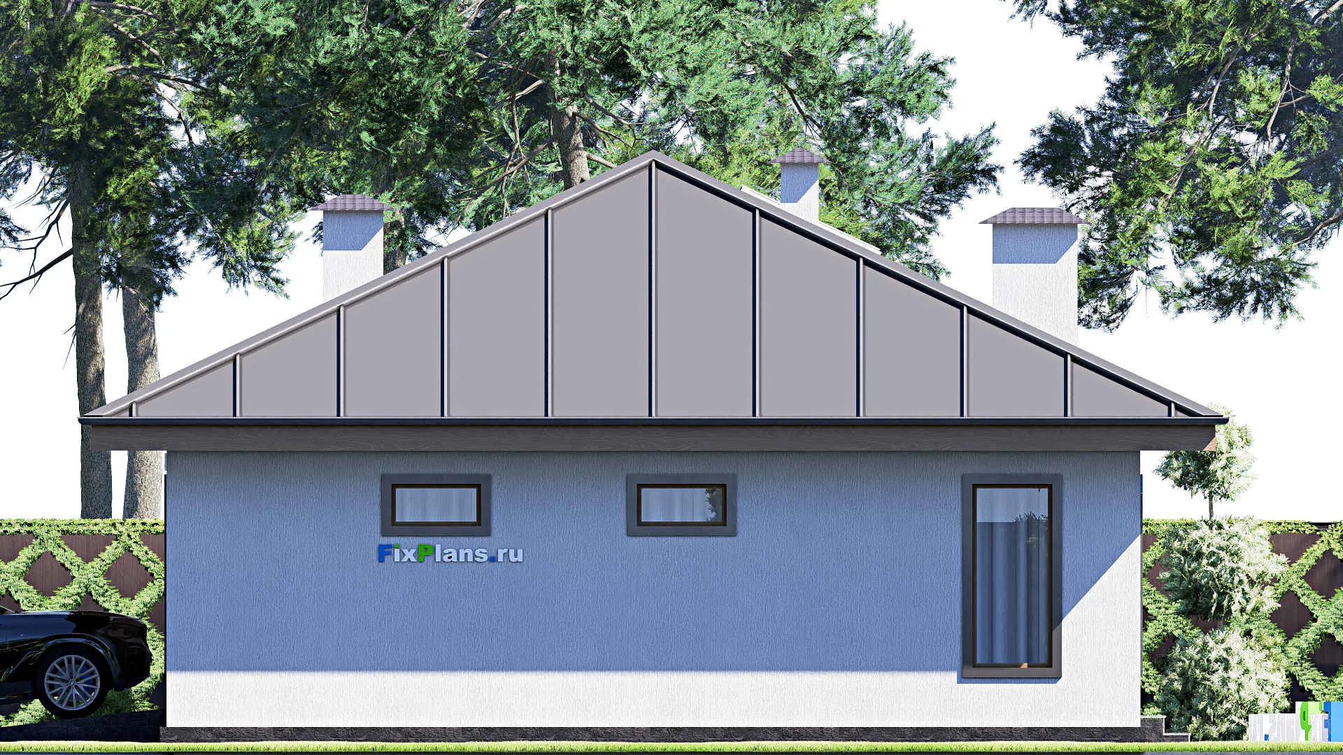 F-17909 - План одноэтажного дома 11 на 19, площадью 160 м² с террасой, гаражом на 2 машины и 3 спальнями