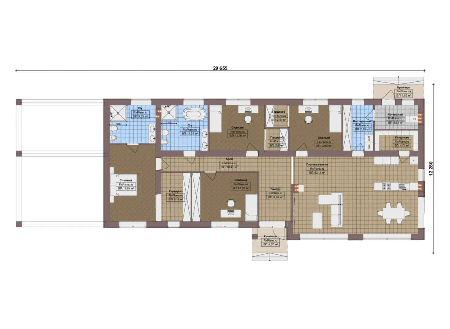F-17882 - План одноэтажного дома 13 на 30, площадью 200 м² с 4 спальнями