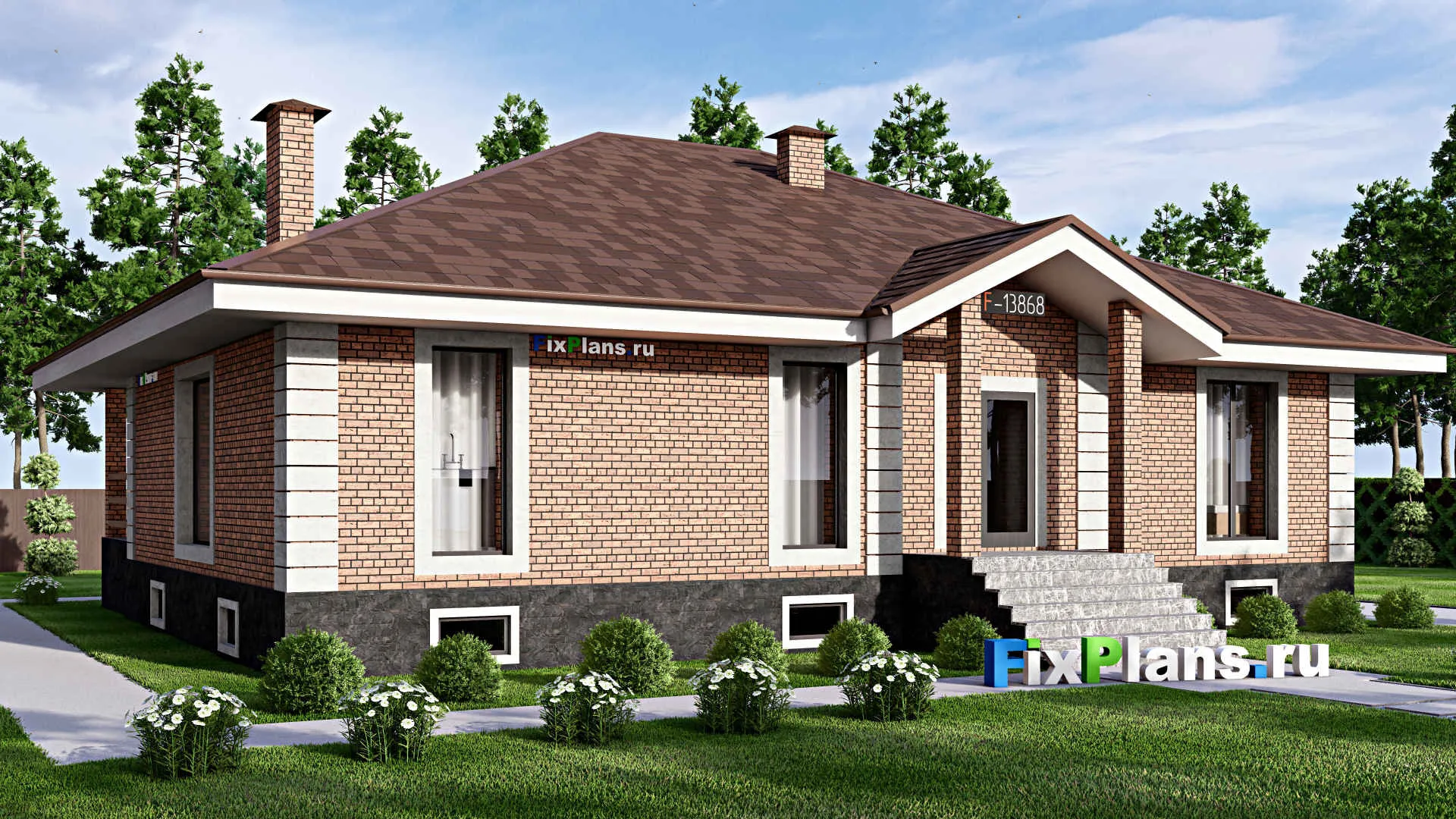 F-13868 - Проект одноэтажного дома 15 на 17, площадью 290 м² с террасой, цокольным этажом и 3 спальнями