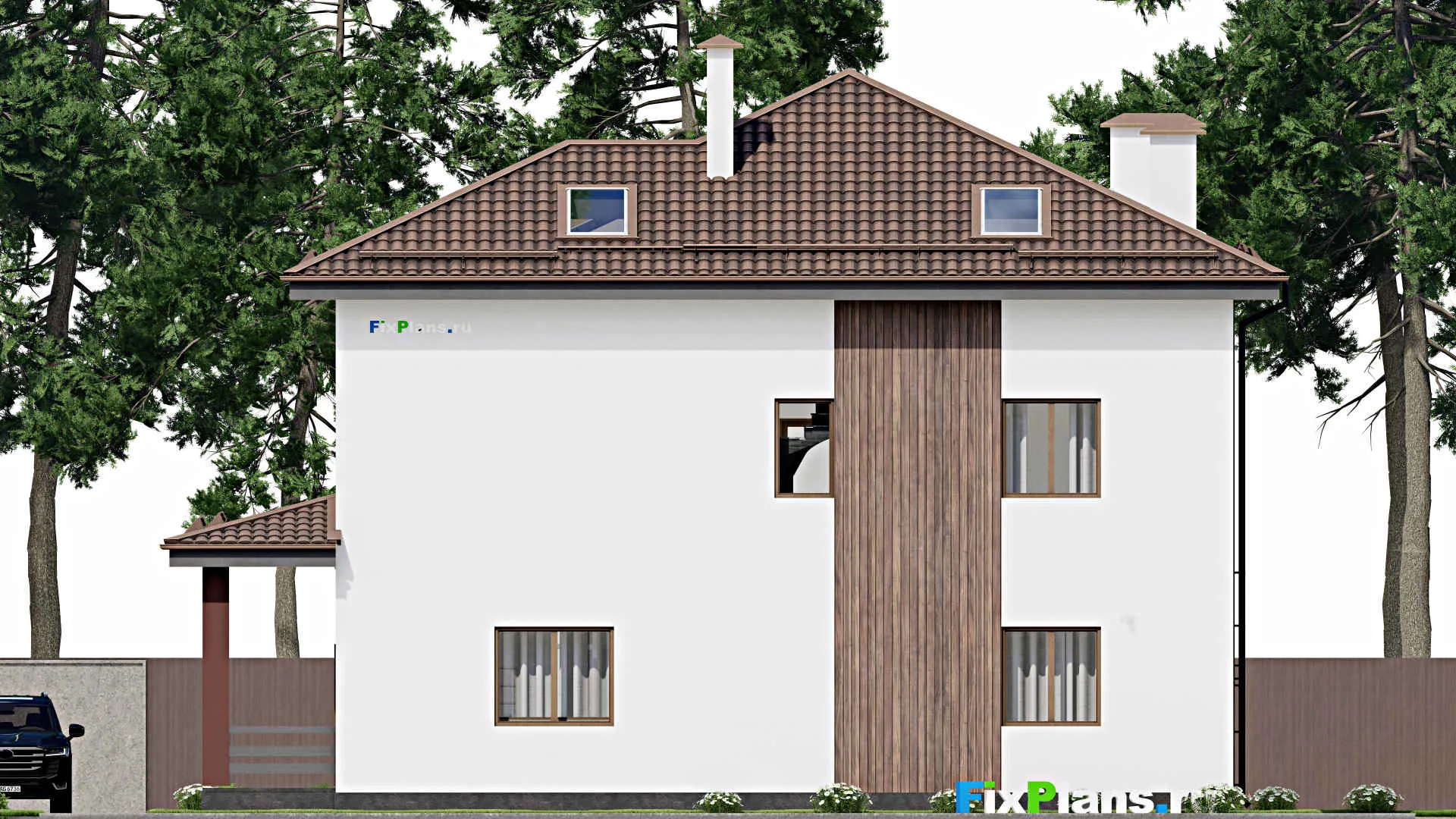 F-9944 - Проект двухэтажного дома 16 на 16, площадью 470 м² с террасой, балконом и 4 спальнями