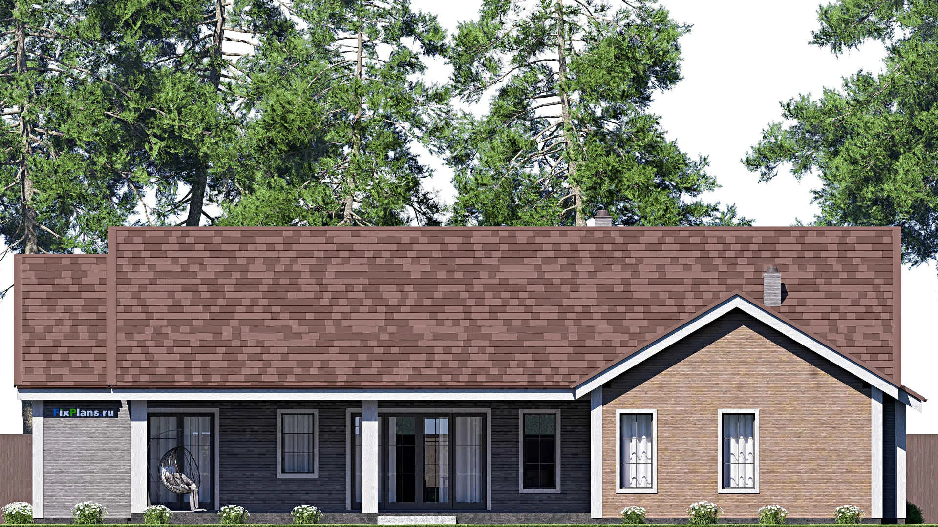 F-17126 - Проект одноэтажного дома 18 на 23, площадью 270 м² с террасой, гаражом на 2 машины и 4 спальнями