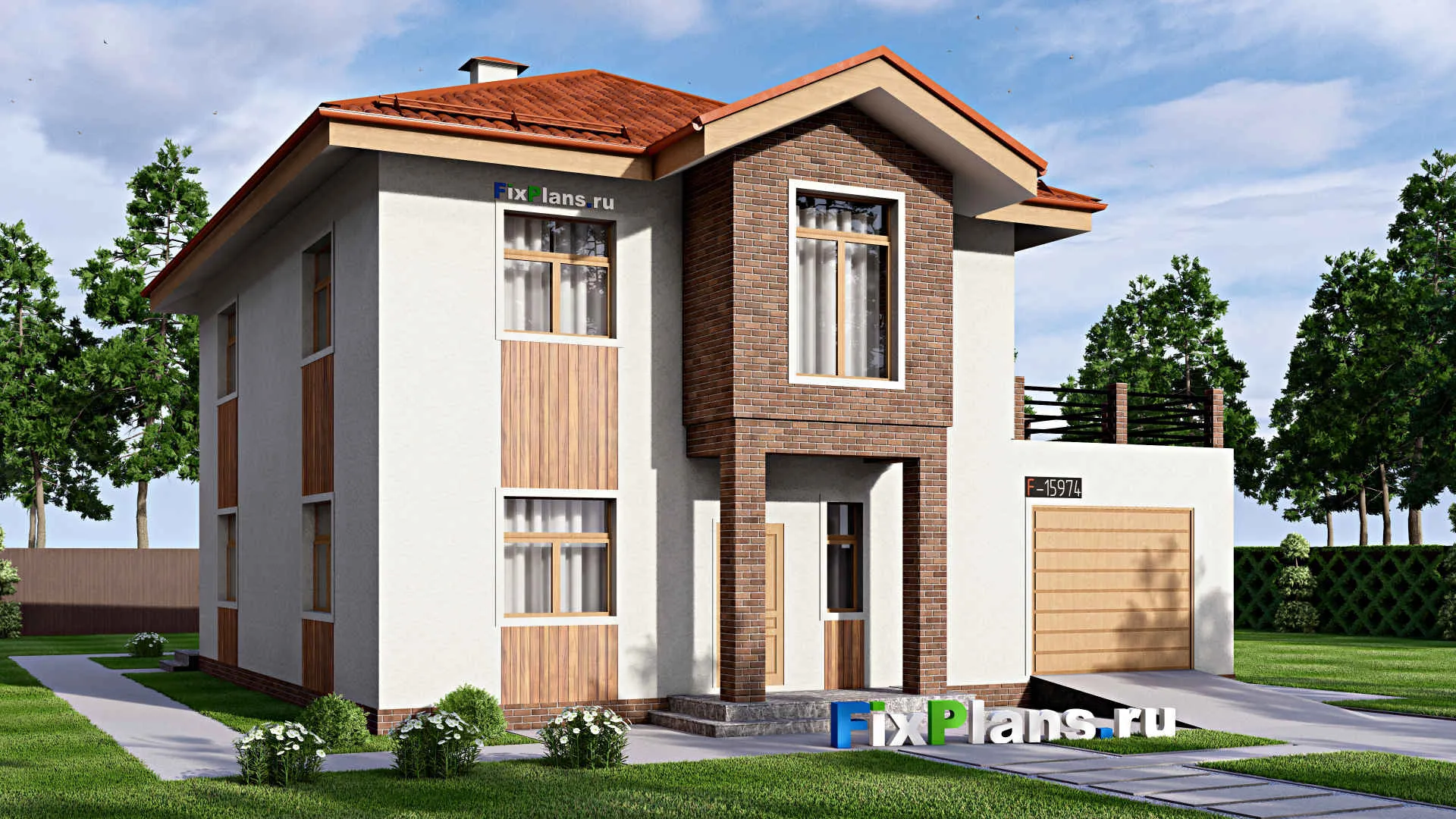 F-15974 - Проект двухэтажного дома 14 на 18, площадью 300 м² с террасой, балконом, гаражом на 1 машину и 4 спальнями