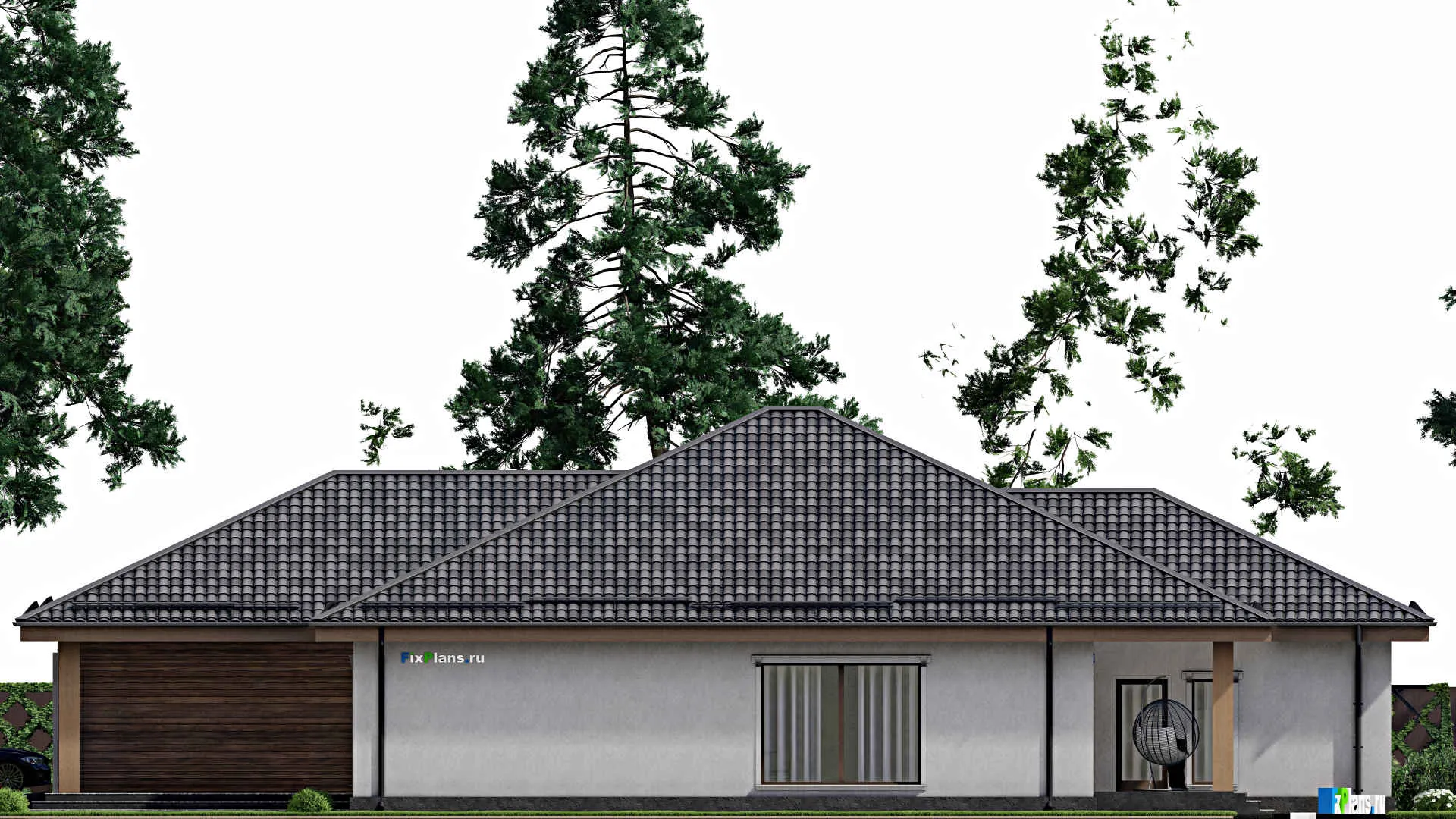 F-10295 - План одноэтажного дома 16 на 25, площадью 290 м² с террасой, баней, гаражом на 2 машины и 3 спальнями