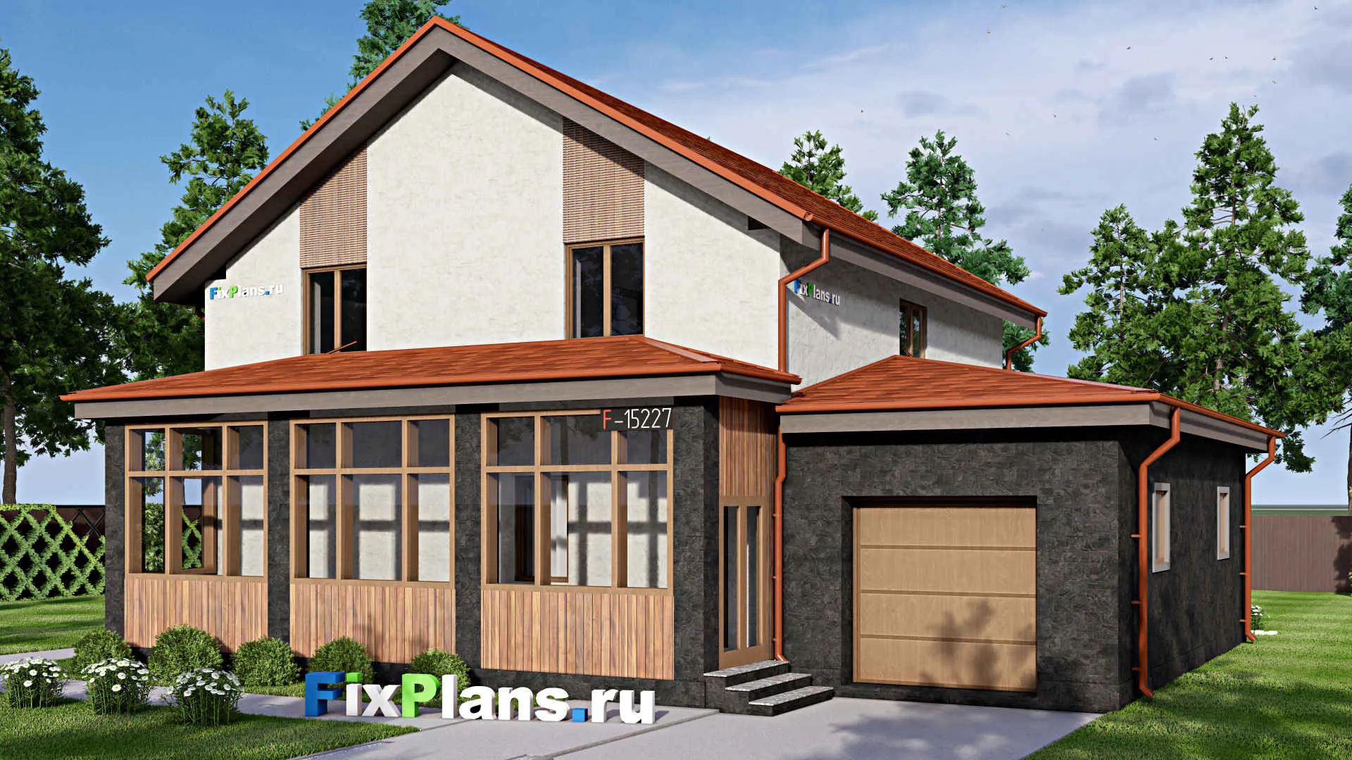 F-15227 - Проект двухэтажного дома 13 на 15, площадью 210 м² с гаражом на 2 машины и 3 спальнями