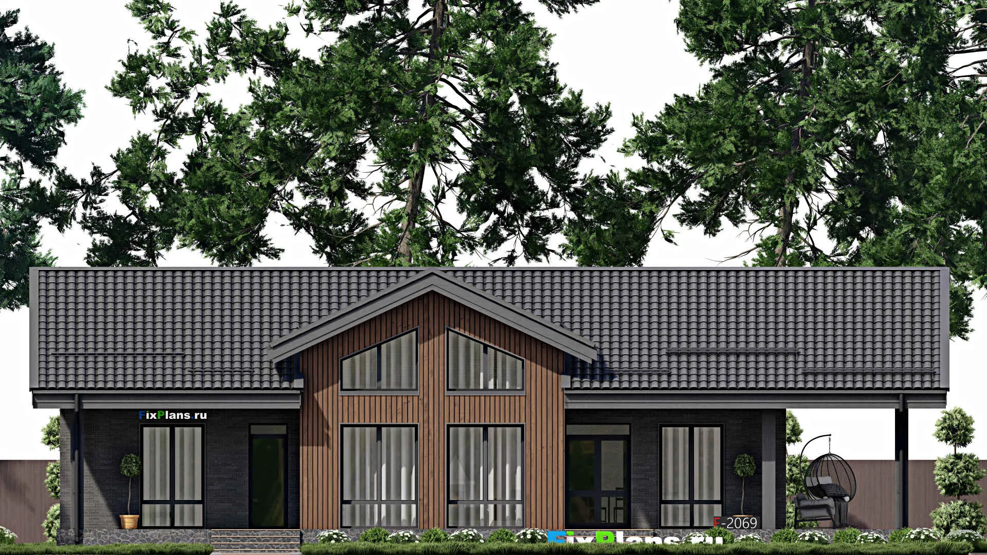 F-2069 - Проект одноэтажного дома 11 на 17, площадью 150 м² с террасой и 3 спальнями