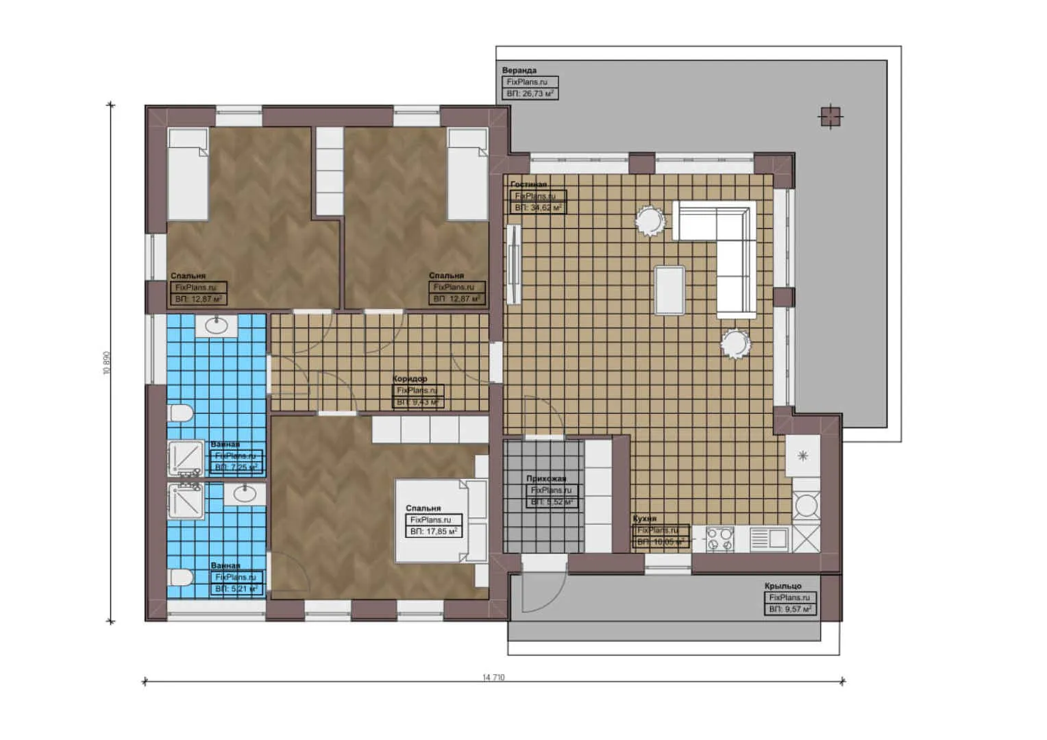 F-0053i - План одноэтажного дома 16 на 17, площадью 160 м² с террасой и 3 спальнями