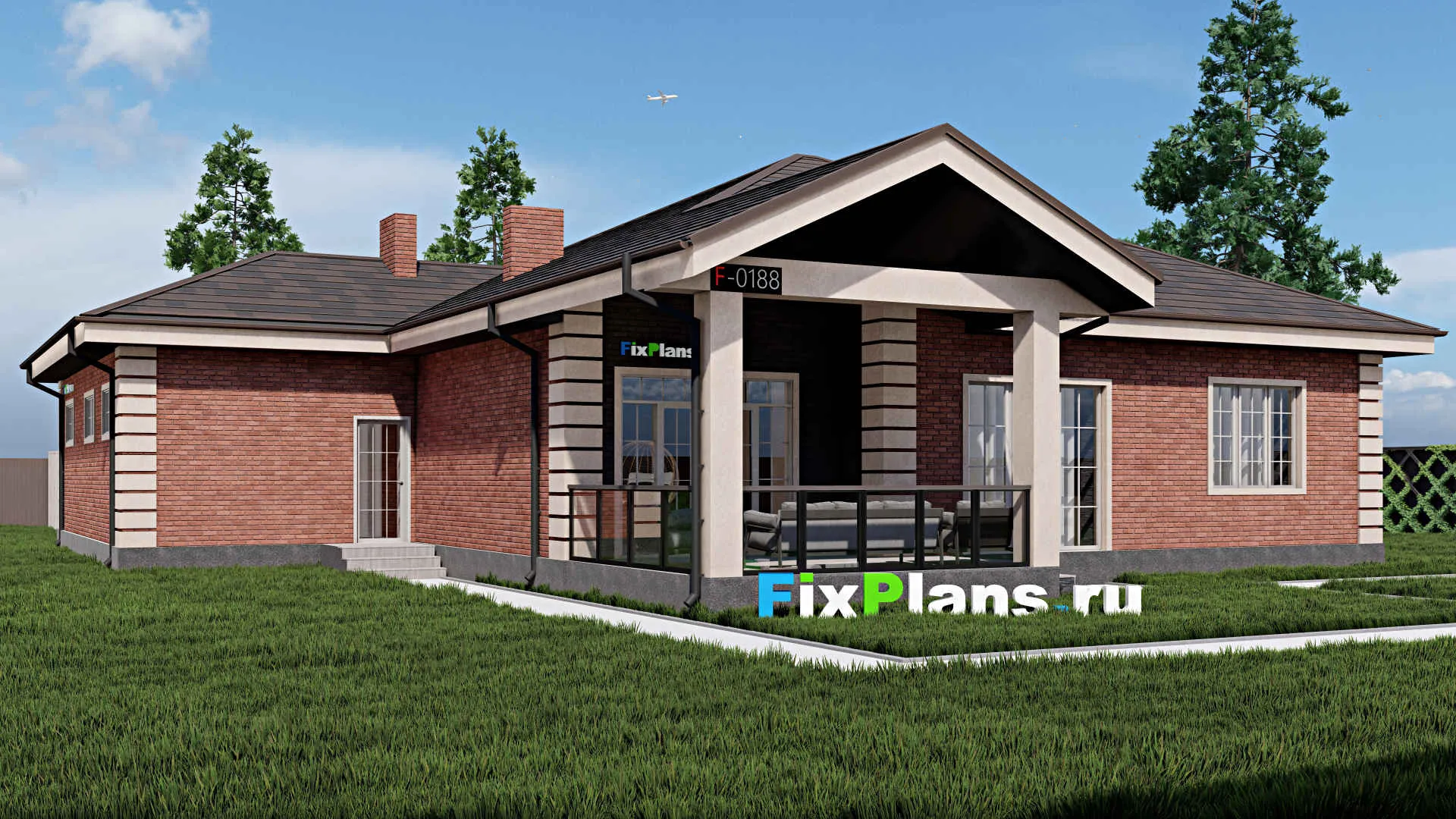 F-0188 - Проект одноэтажного дома 19 на 19, площадью 210 м² с террасой, гаражом на 1 машину и 2 спальнями