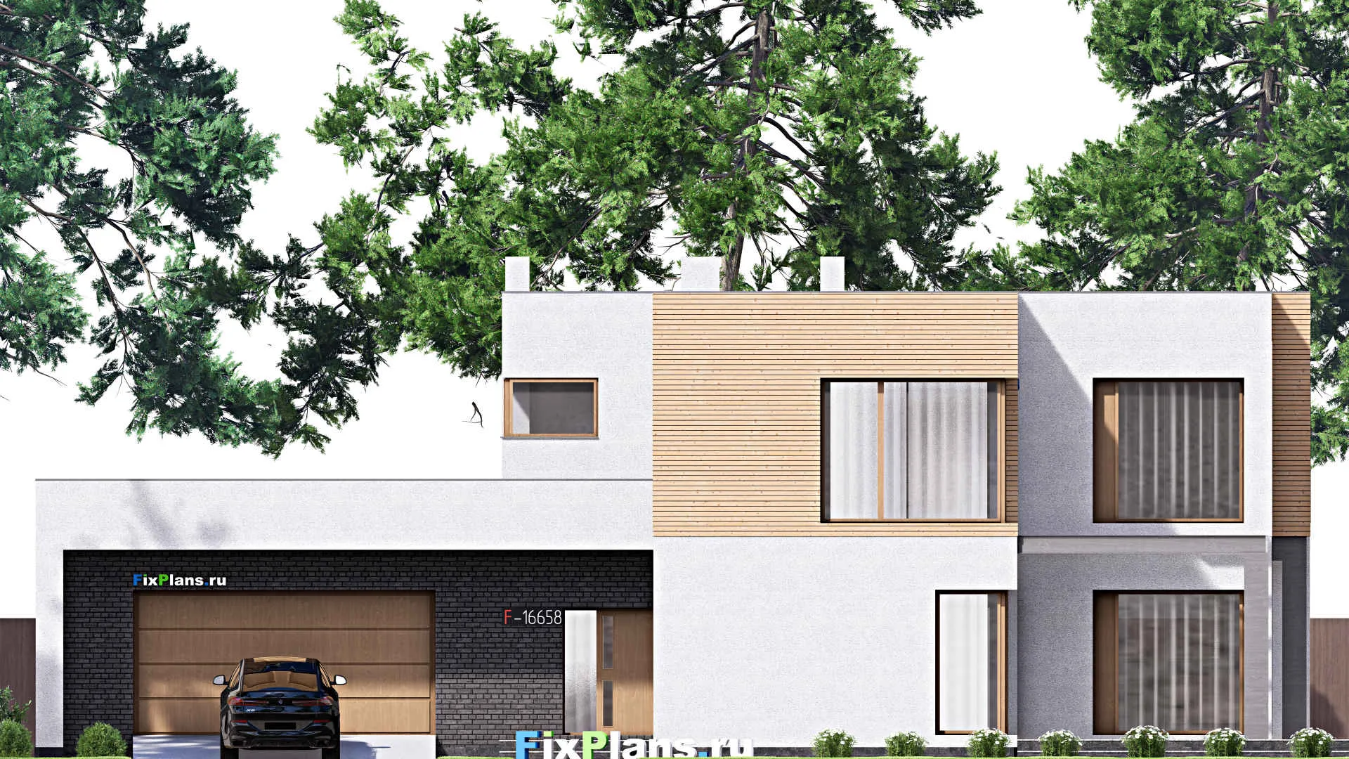 F-16658 - Проект двухэтажного дома 17 на 24, площадью 340 м² с террасой, гаражом на 2 машины и 3 спальнями