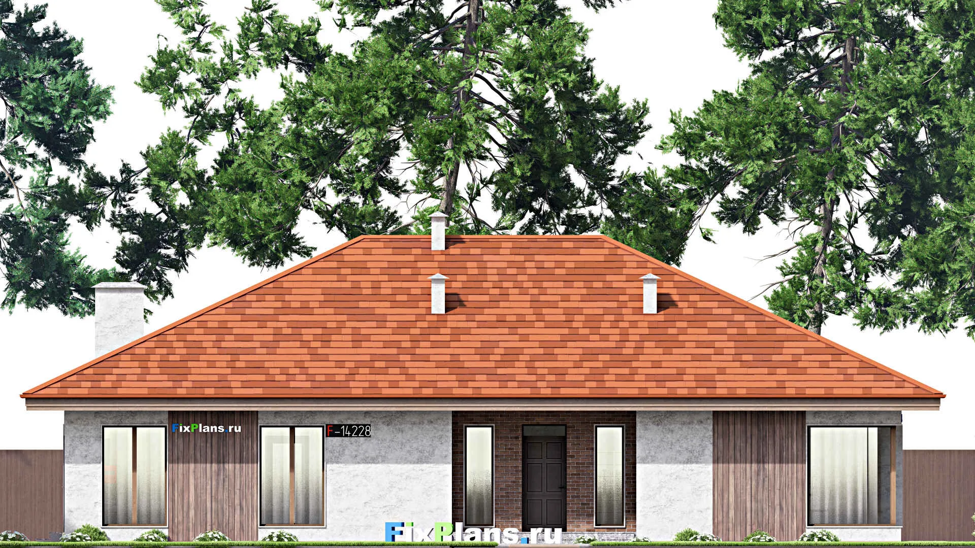 F-14228 - Проект одноэтажного дома 16 на 19, площадью 220 м² с террасой, баней и 3 спальнями