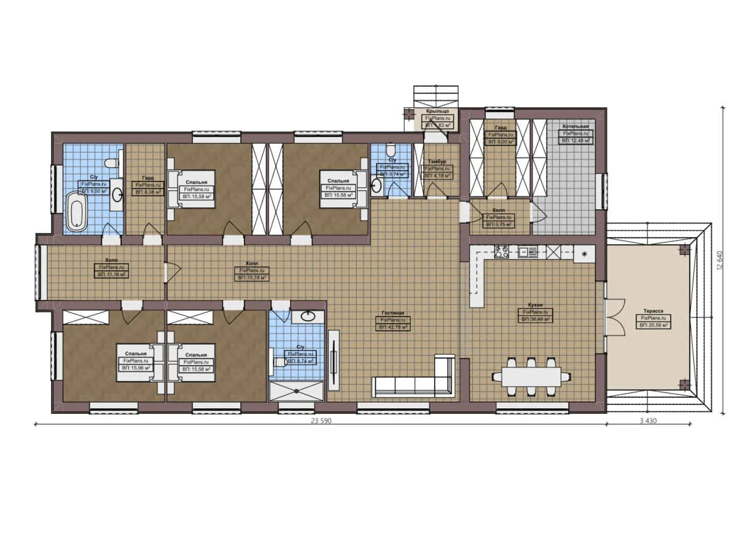 F-1898 - План одноэтажного дома 13 на 24, площадью 250 м² с террасой и 4 спальнями