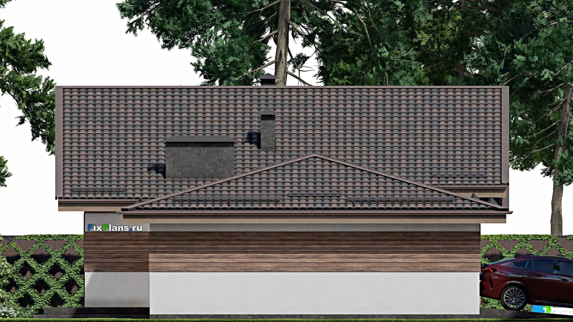 F-6659 - Проект одноэтажного дома 12 на 22, площадью 190 м² с террасой, гаражом на 2 машины и 3 спальнями