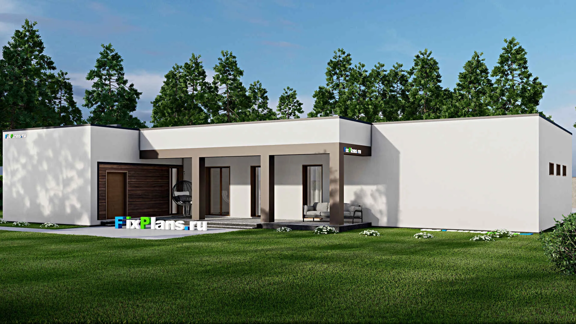 F-8945 - Проект одноэтажного дома 18 на 23, площадью 260 м² с террасой, баней, гаражом на 2 машины, спортзалом и 2 спальнями