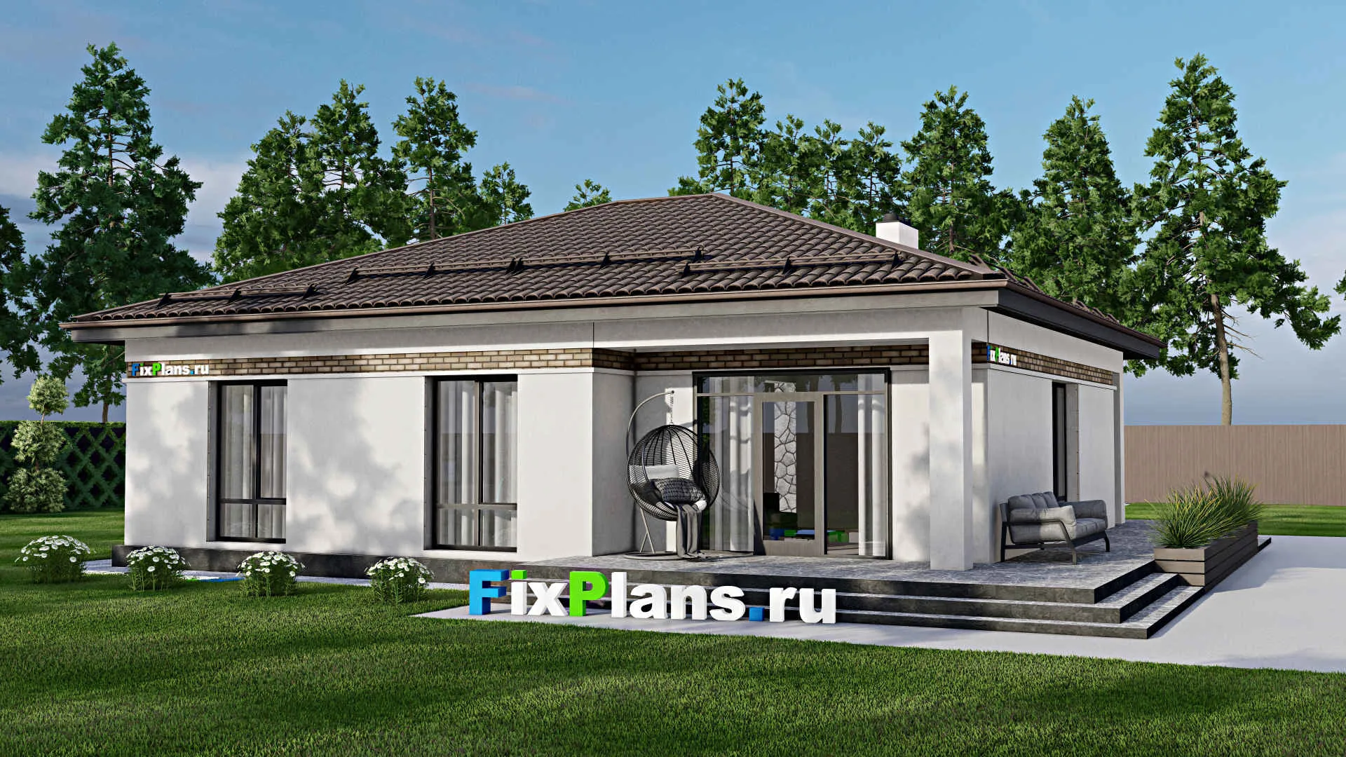 F-2411 - Проект одноэтажного дома 12 на 14, площадью 170 м² с террасой и 3 спальнями