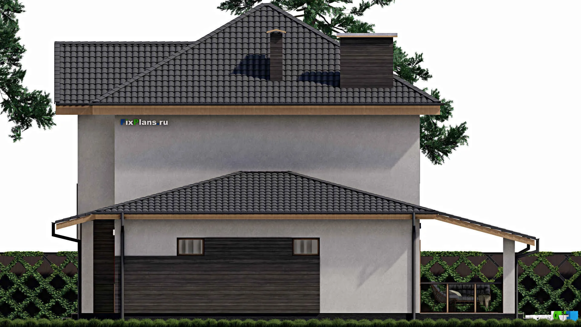 F-0278i - Проект двухэтажного дома 12 на 15, площадью 220 м² с террасой, гаражом на 1 машину и 3 спальнями