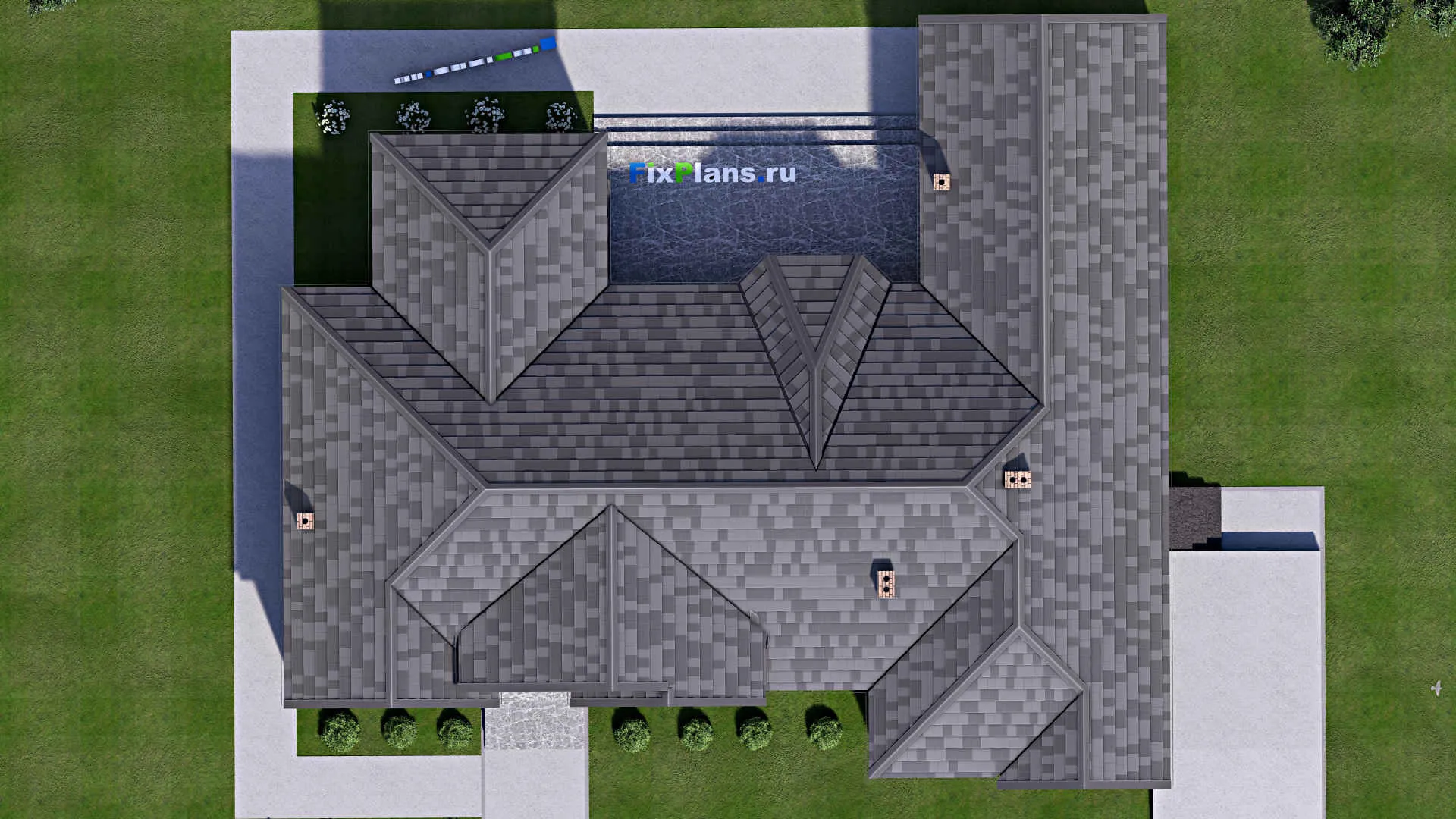 F-16937 - Проект одноэтажного дома 19 на 21, площадью 260 м² с террасой, гаражом на 2 машины и 3 спальнями