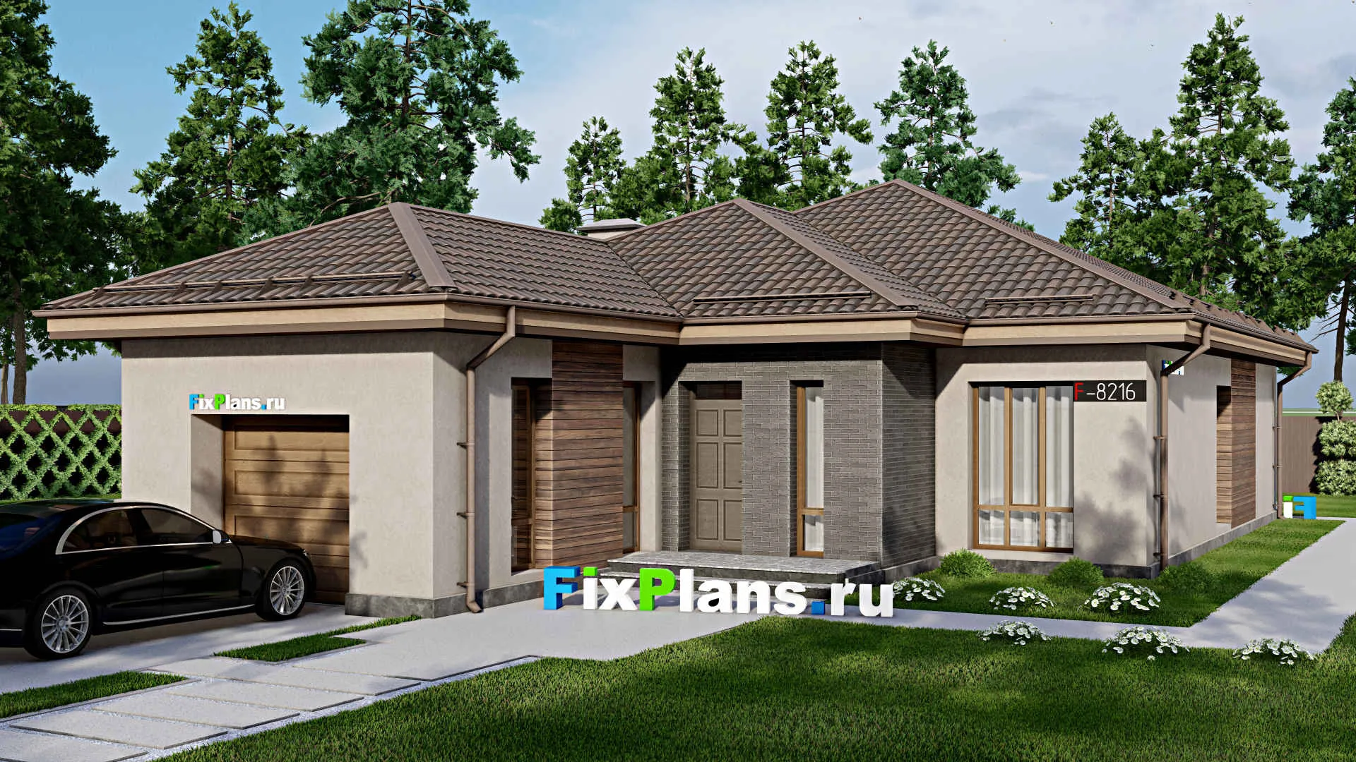 F-8216 - Проект одноэтажного дома 12 на 21, площадью 150 м² с гаражом на 1 машину и 3 спальнями