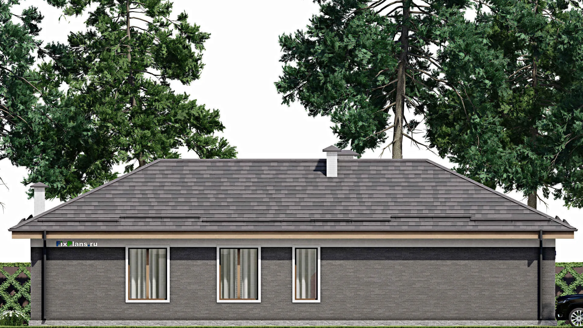 F-10214 - План одноэтажного дома 15 на 20, площадью 200 м² с террасой, гаражом на 2 машины и 3 спальнями