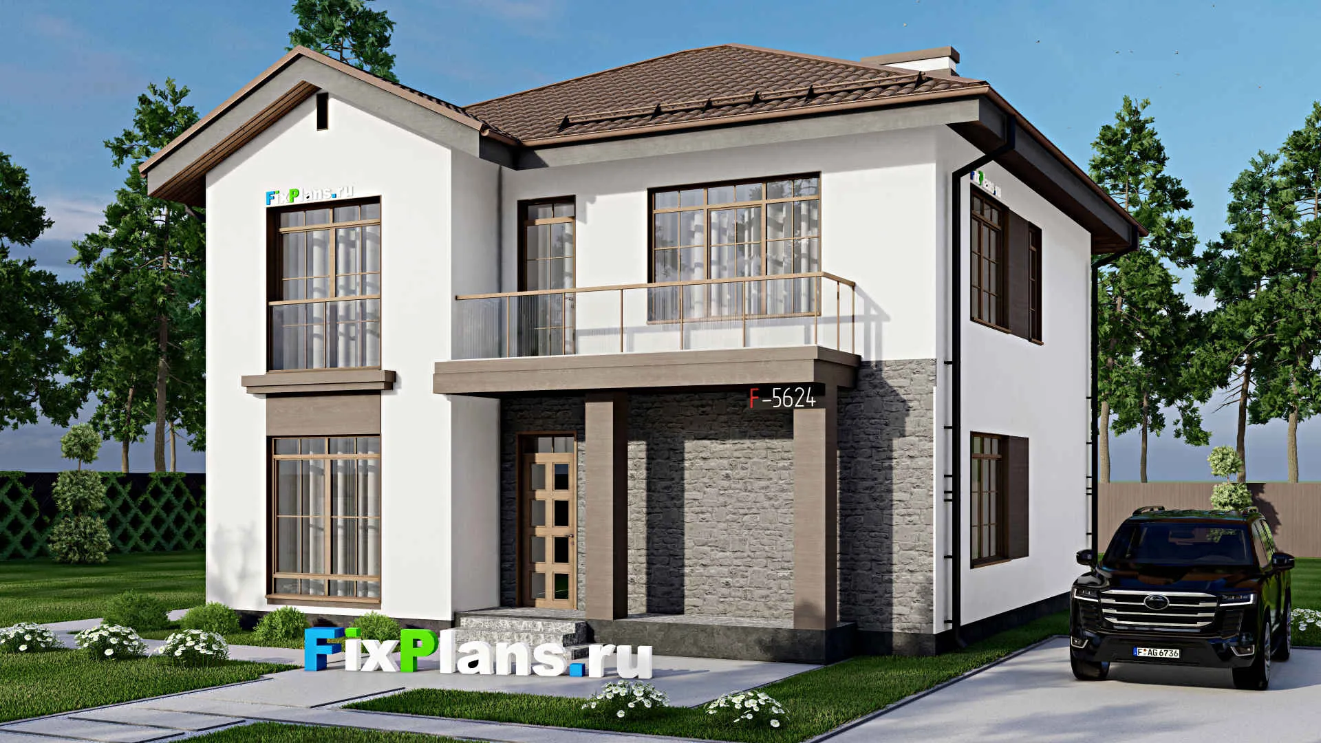 F-5624 - Проект двухэтажного дома 11 на 14, площадью 200 м² с террасой, балконом и 4 спальнями