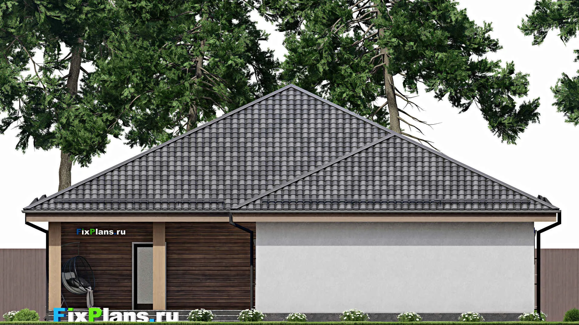 F-10295 - План одноэтажного дома 16 на 25, площадью 290 м² с террасой, баней, гаражом на 2 машины и 3 спальнями