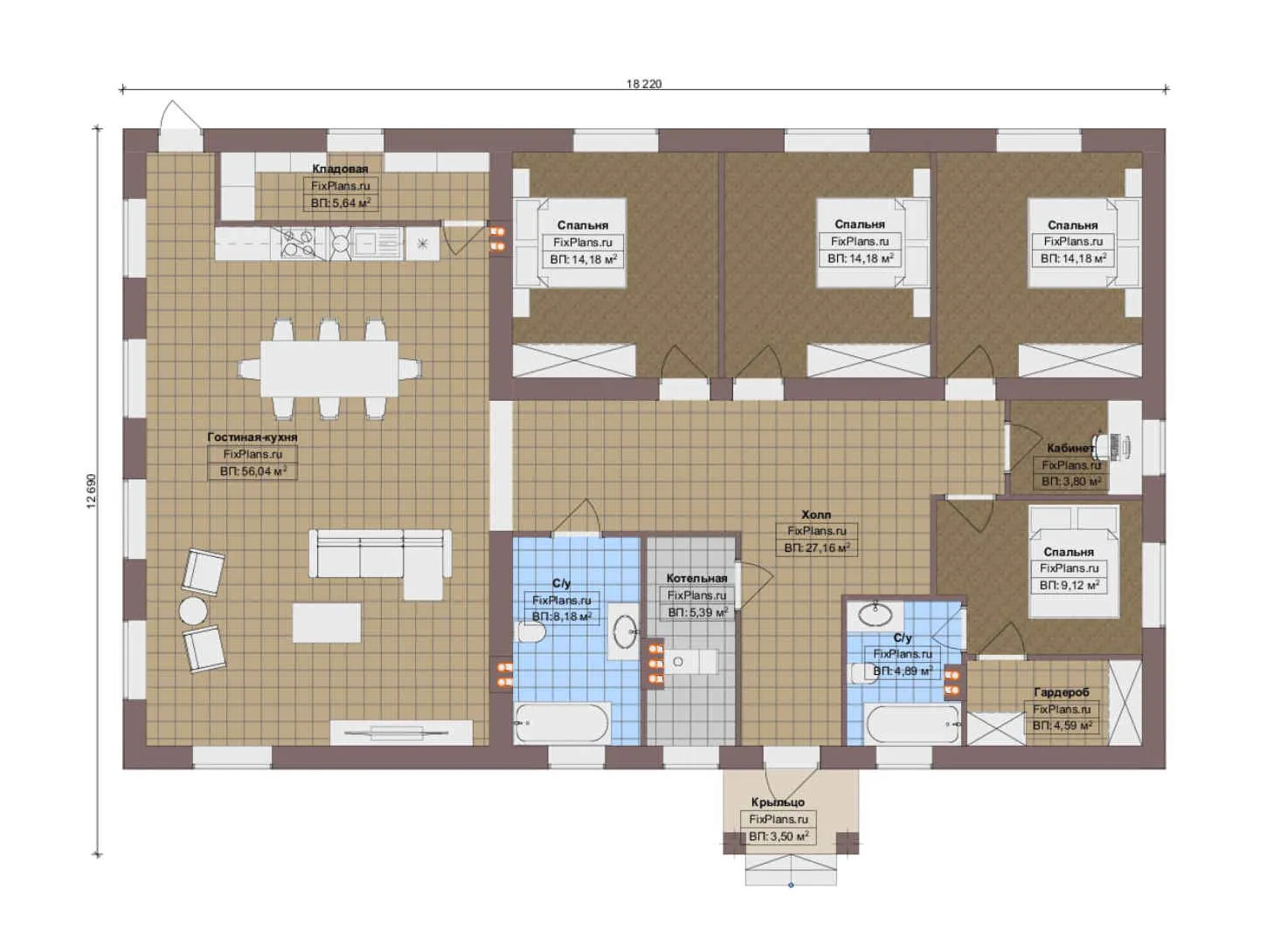 F-12995 - План одноэтажного дома 13 на 19, площадью 180 м² с 4 спальнями