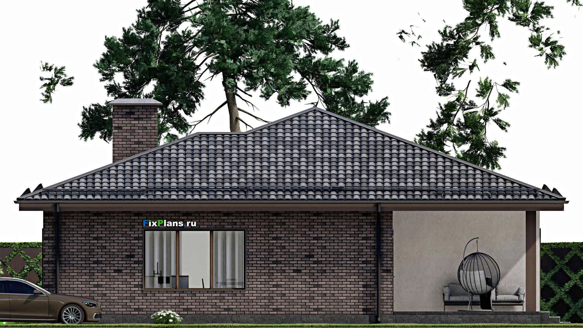 F-7991 - Проект одноэтажного дома 15 на 15, площадью 170 м² с террасой и 3 спальнями